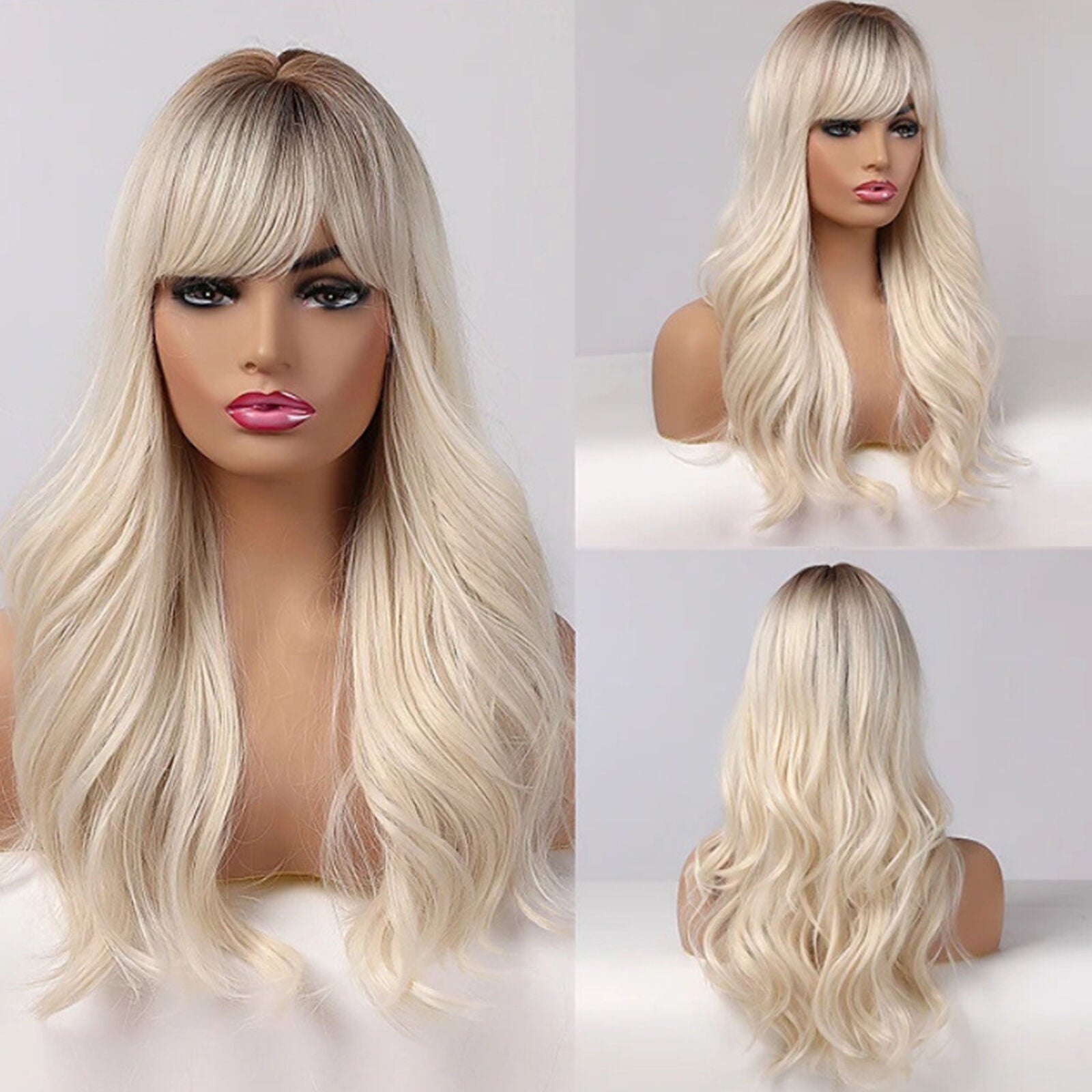Platinum Blonde Synthetic Hair Wig for Women Long Curly Wavy Wigs with Bangs