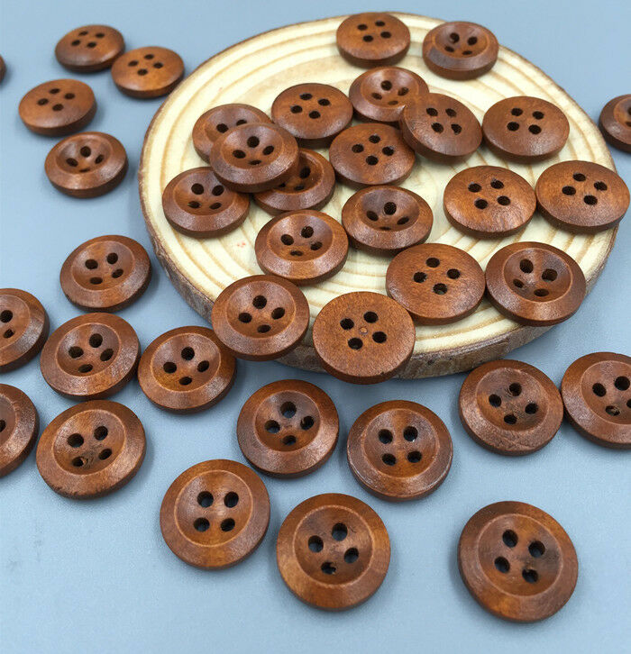 DIY100pcs Brown 4 Holes Wooden Buttons Sewing Scrapbooking Diameter 15mm