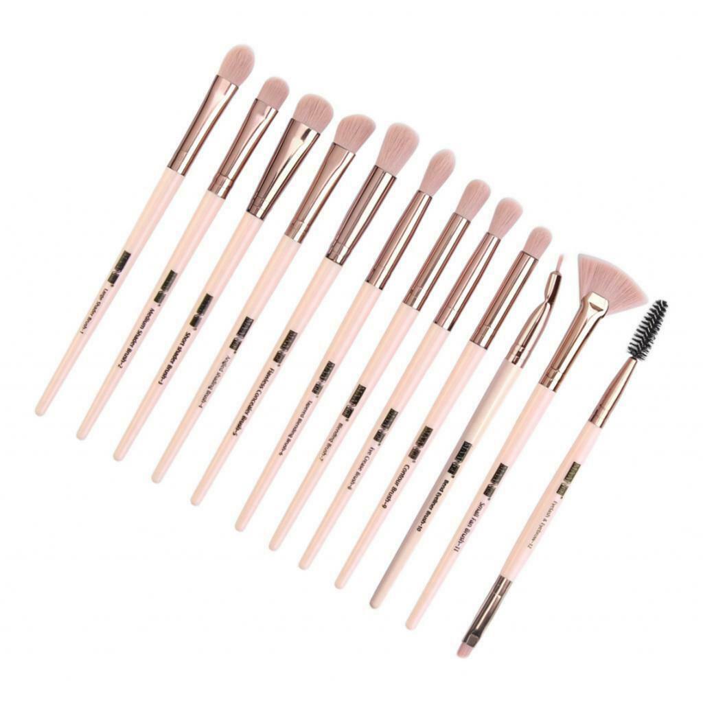 12Pcs Eye Makeup Brush Set for Eyeshadow Eyebrow Eyeliner Pink Rose Golden