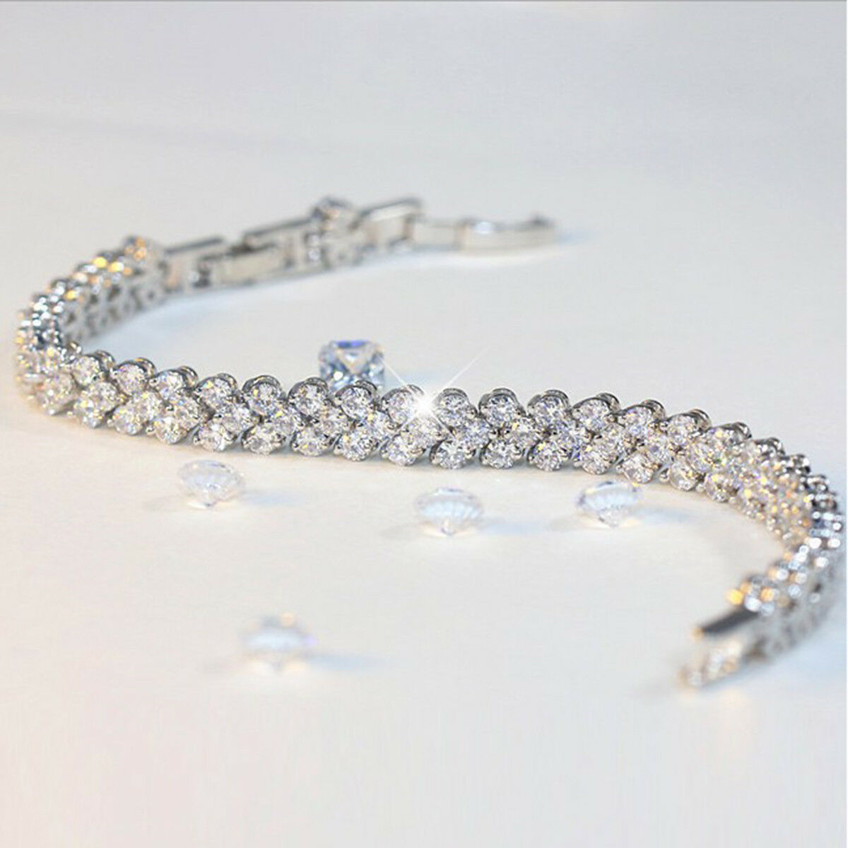 Women's Fashion Roman Chain Clear Zircon Crystal Bangle Rhinestone Bracelet Gift