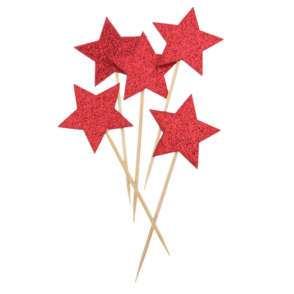 10Pcs Kids Birthday Cupcake Toppers Glitter Star Party Decor Baby Shower Red