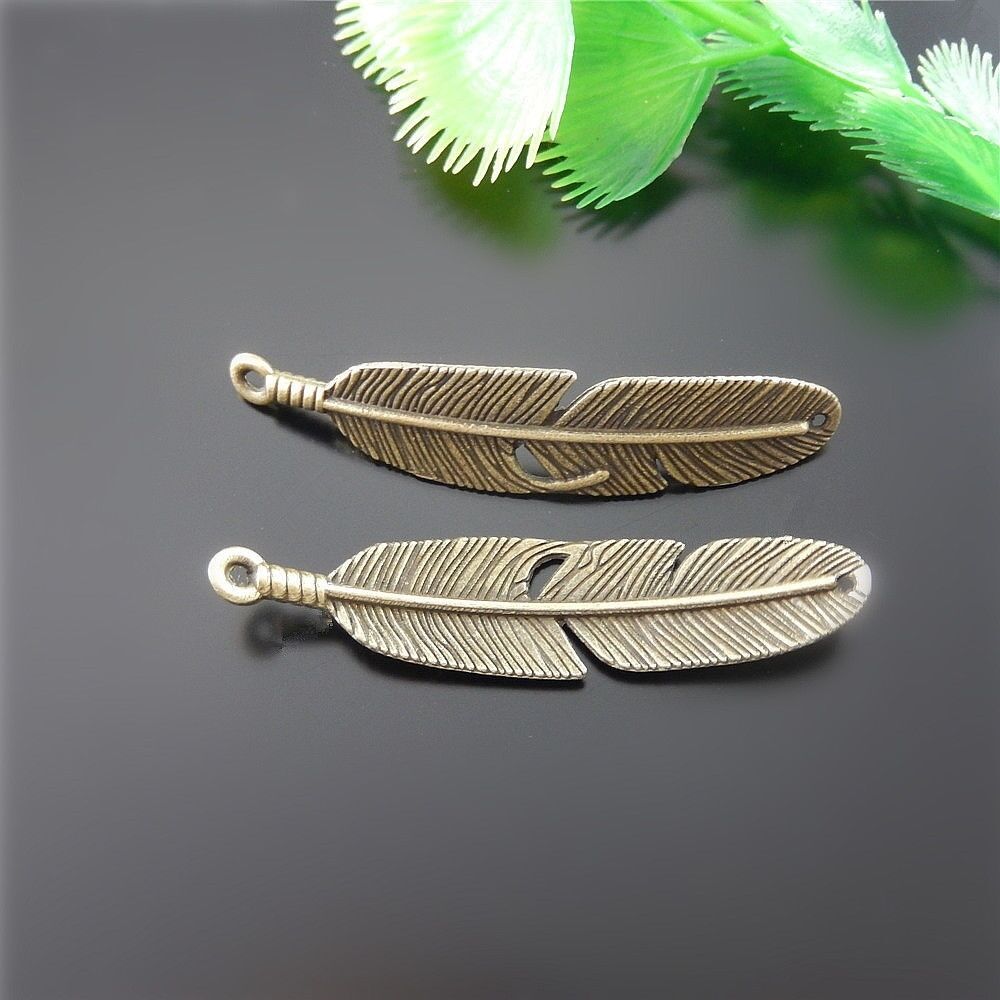 10 pcs Antiqued Bronze Feather Connector Alloy Pendant Jewelry Art Craft 57*13mm