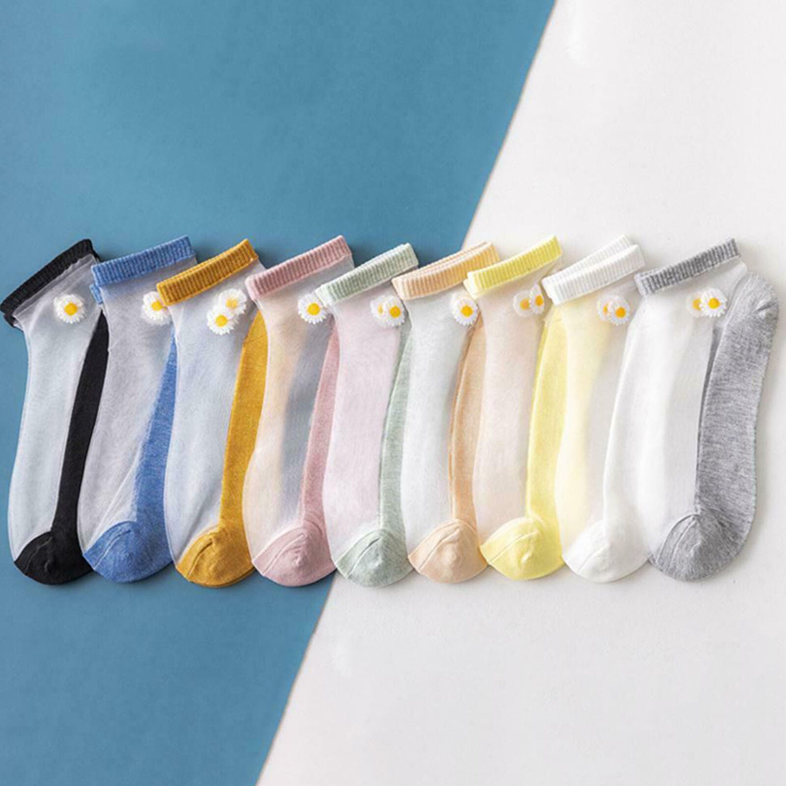 10 Pairs Summer Women Socks Crystal Glass Silk Short Thin Daisy Flower Socks