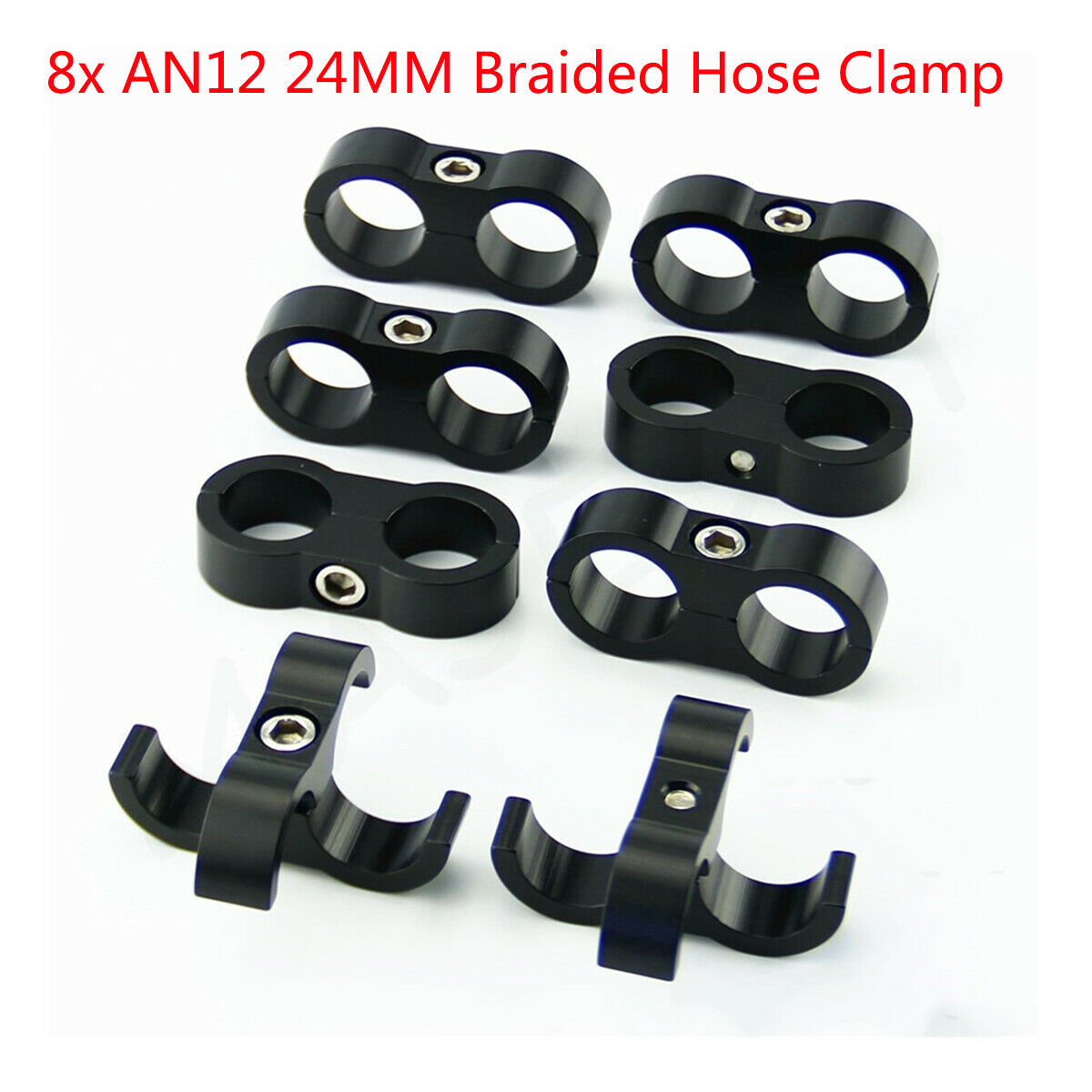 8PCS AN12 24MM Stainless Steel Braided Rubber Inner Hose Clamp Adapter Black