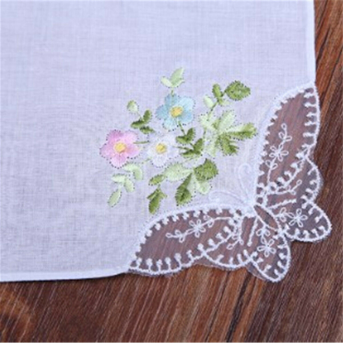Cotton Embroidered Handkerchief With White Lace Corner Embroidery Handkerchief