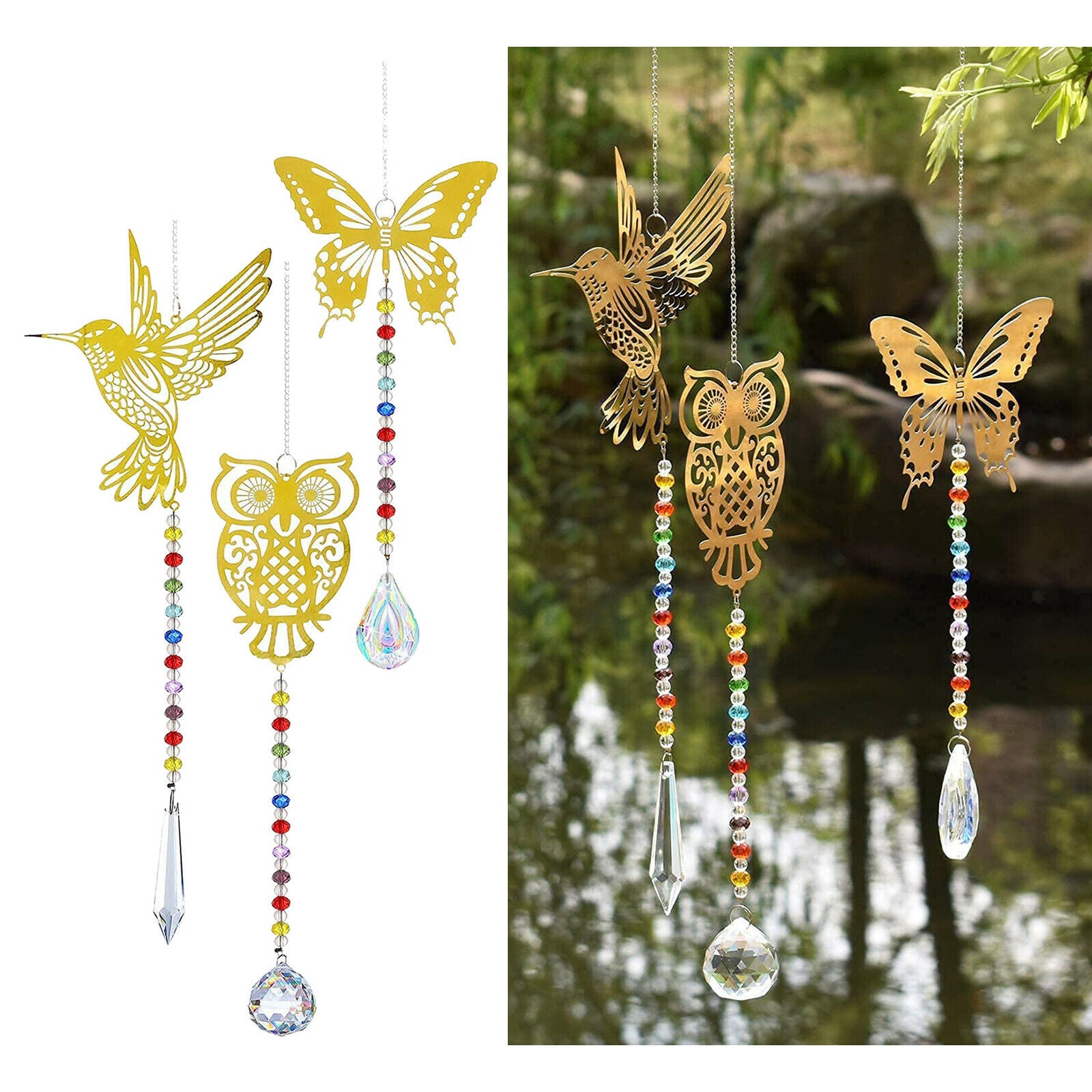 3Pcs Crystal Suncatcher Faceted Ball Owl Rainbow Maker Feng Shui Decor