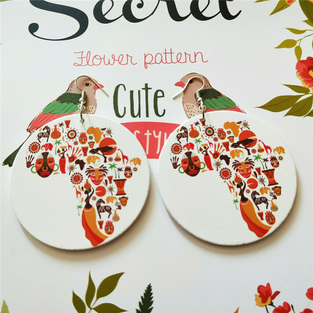 Color geometric round wood printing combination African map earrings wood