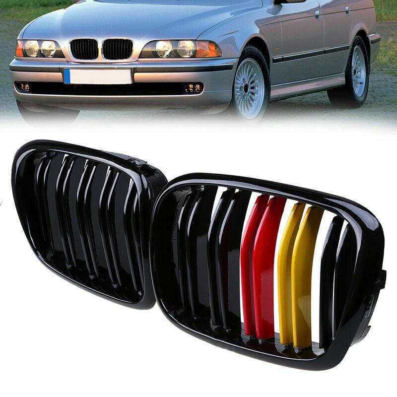 For BMW E39 5 Series 1997-2002 Pair Gloss Black Front Grille Grills Double Line