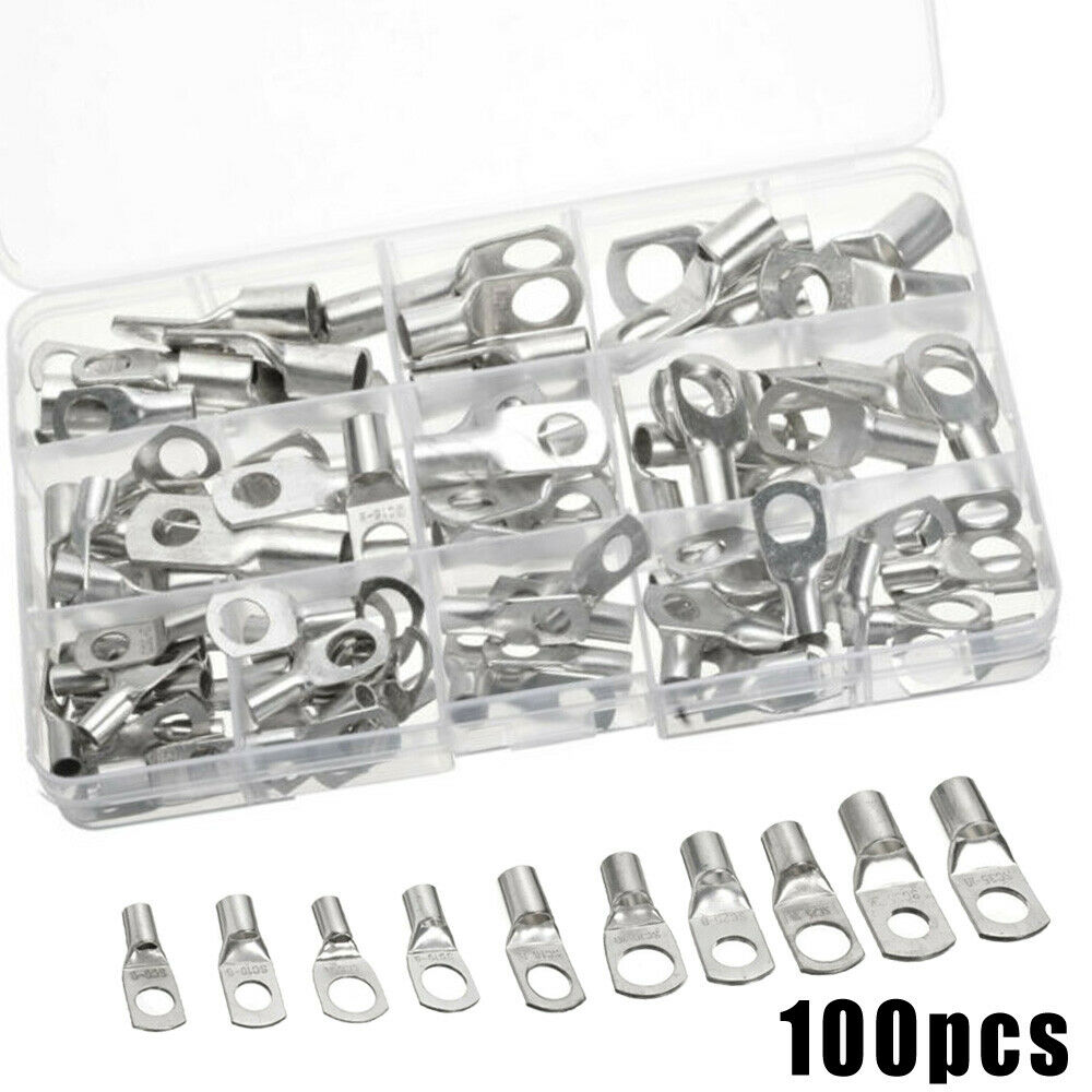 100Pcs Battery Copper Cable Lugs Electrical Wire Connectors Crimp Ring Terminals