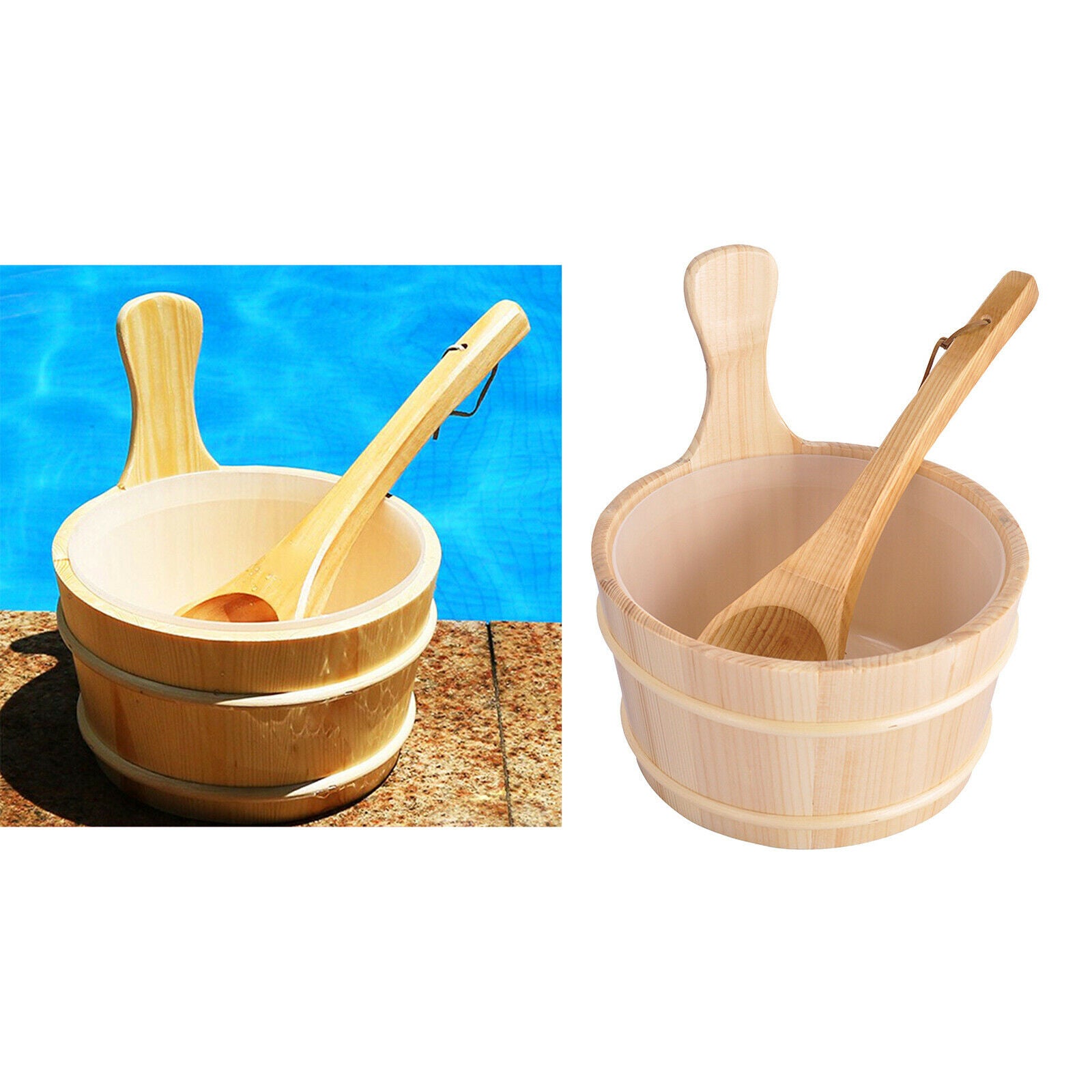 4L Natural Wooden Sauna Bucket with Ladle Water Bucket Steam Room Beauty SPA