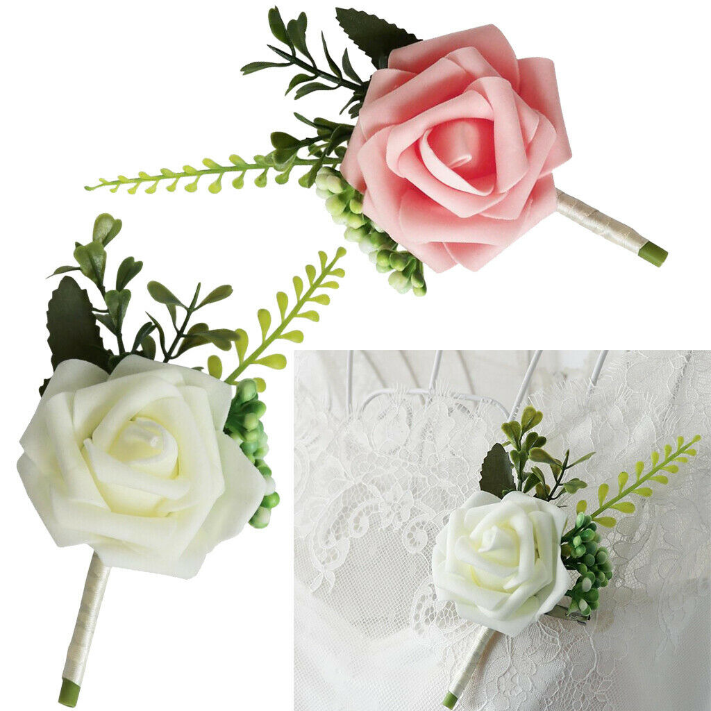 Rose Flower Wedding Brooch Corsage Party Prom Corsage with Clip White