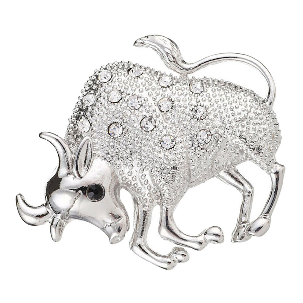 Silvery Tone Clear Crystal Rhinestone Cow Animal Brooch Pin For Men Women