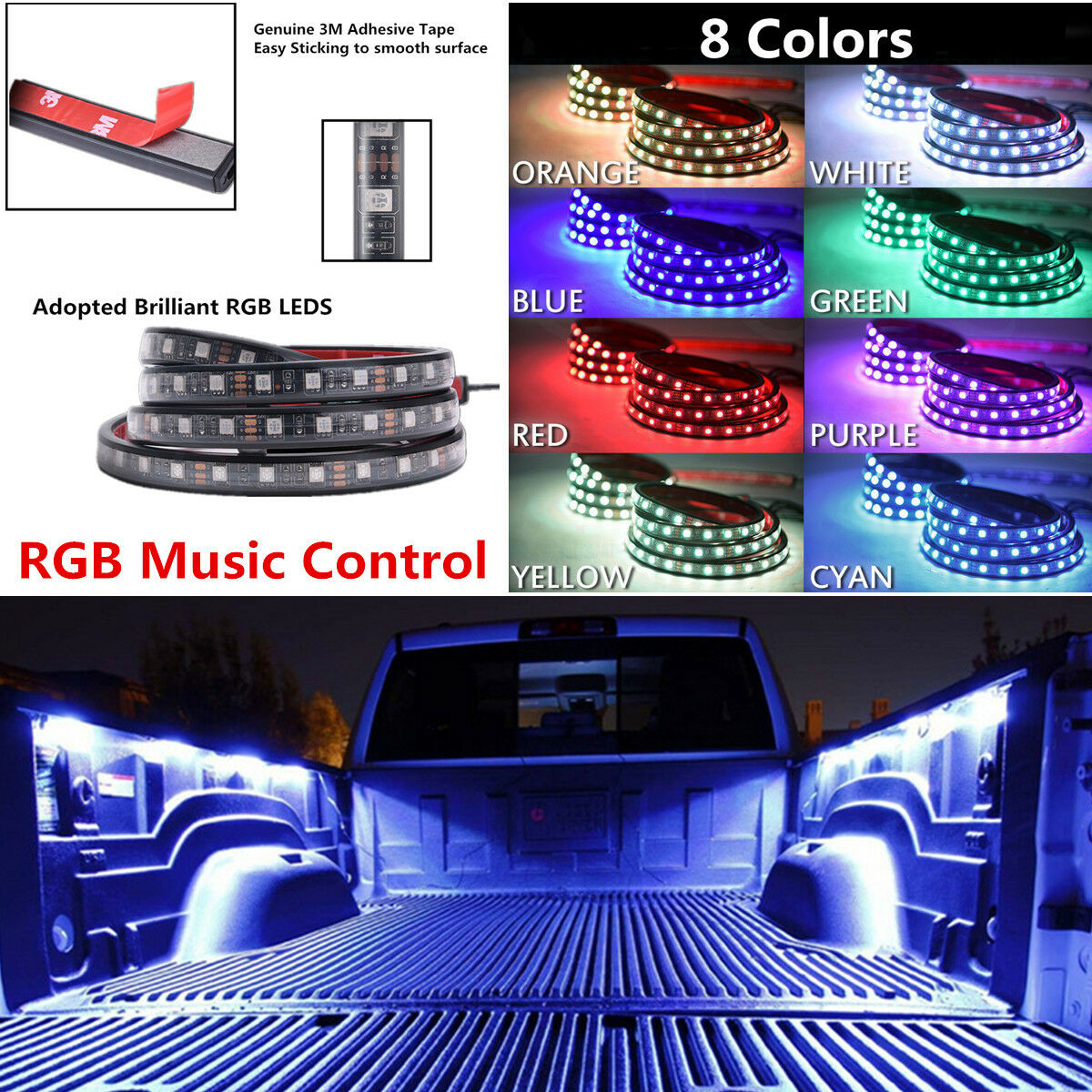 2x 60" RGB LED Music Control Car Truck Pickup Bed Light Tailgate Strip Neon Lamp