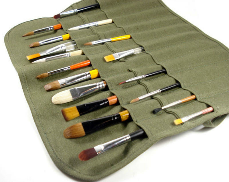 Artist Watercolor Draw Pen Oil Paint Roll Up Canvas Case Holder Pouch Brush B RC