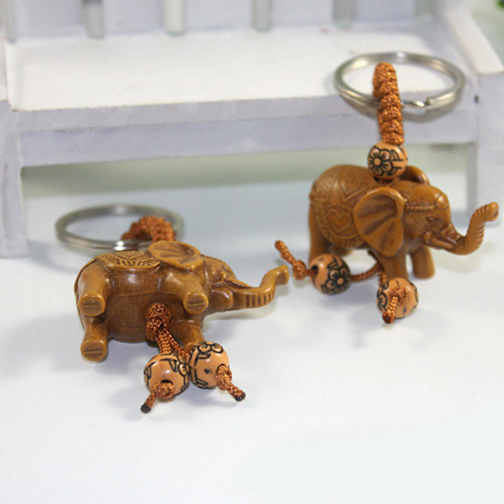 Handmade UNIQUE Lucky Elephant Carving Wooden Pendant Keychain Key Ring Gift