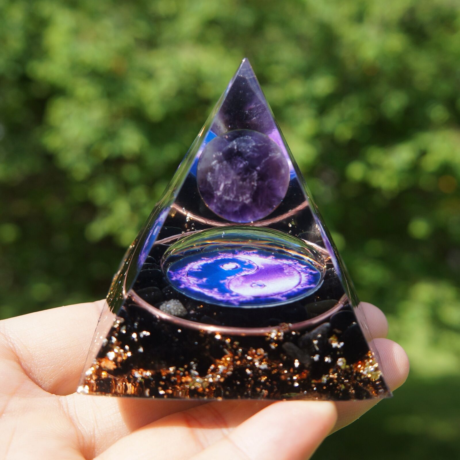 Amethyst Crystal Sphere Orgonite Pyramid with Obsidian Chakra Energy Orgone-US