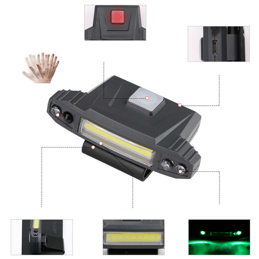 ABS COB Head Lamps Adults Outdoor Hat Clip Light 4 Modes Flashlight Sensor