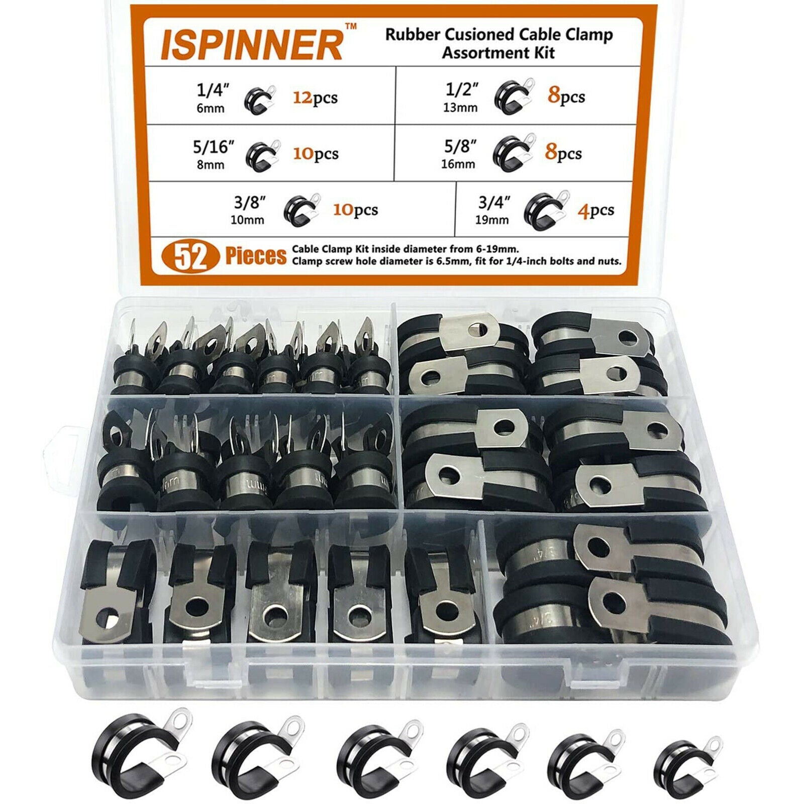 52pcs Rubber Cushion Insulated Clamp Stainless Steel Cable Clamps Assortment Kit