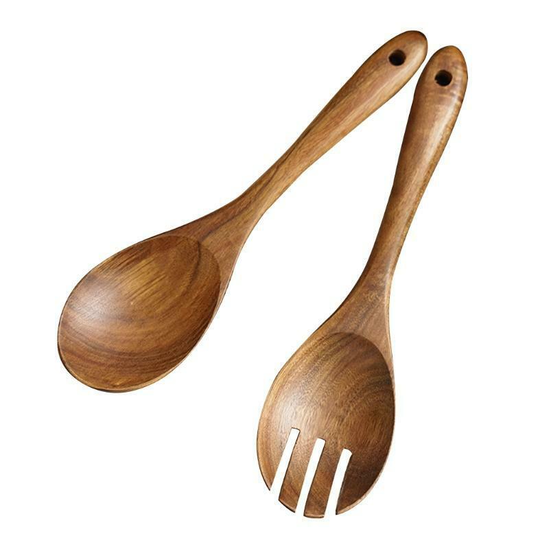 2Pcs Wooden Salad Servers Spoon Fork Set Long Handle Cooking Untensil Cutlery