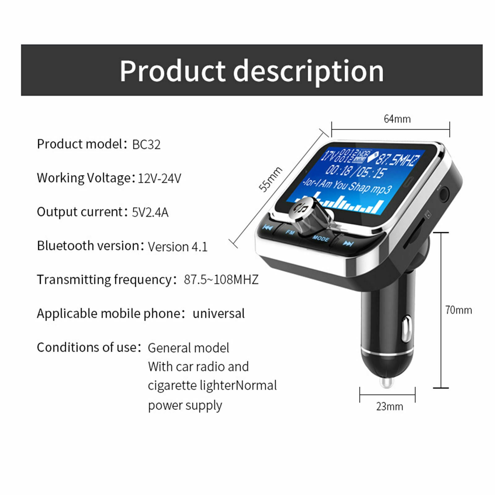 Bluetooth FM Transmitter Car Charger Quick Charging Handsfree Calling
