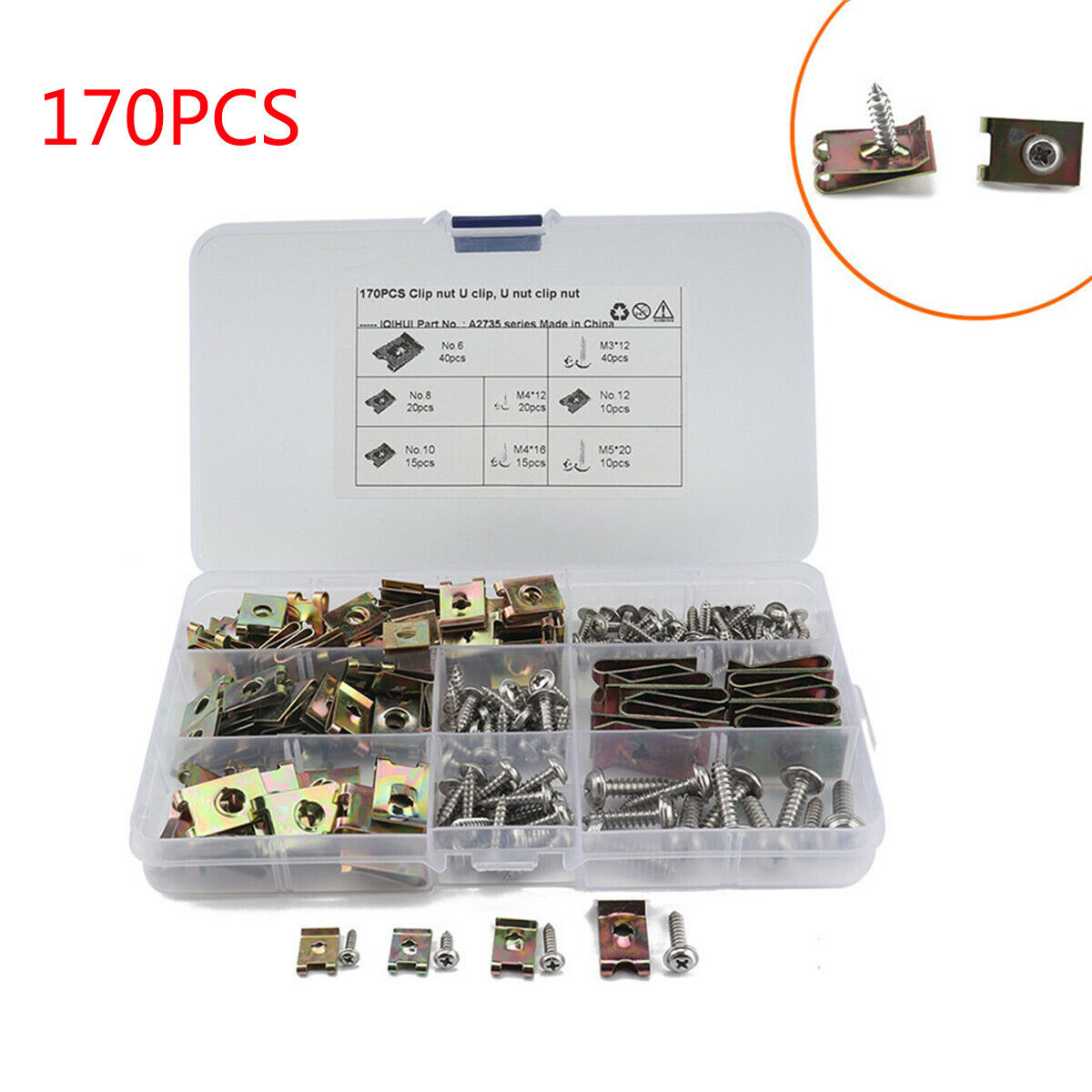 170PCS Galvanized Multicolor U Nut Clip Tool Kit with Flange Tapping Screws