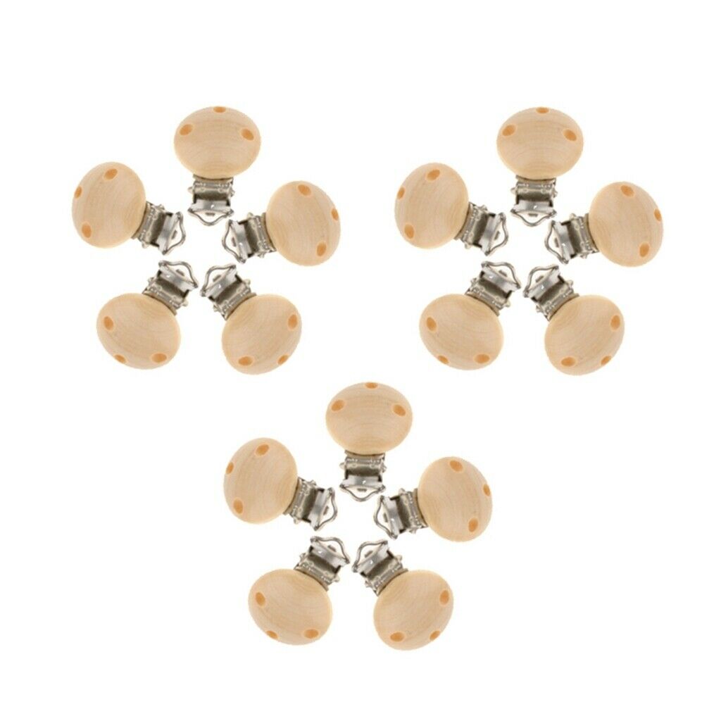 15pcs Natural Wooden Baby Pacifier Clips DIY Pacifier Clip Metal Holders