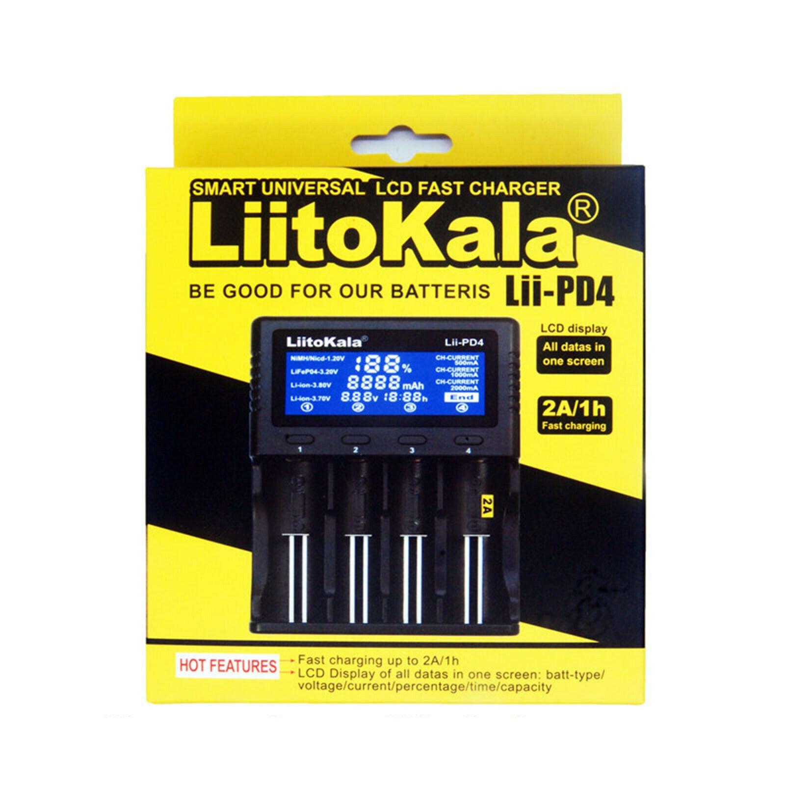 Lii-PD4 4 Slots Smart Lithium Nimh Battery Charger for 26650/21700 Premium