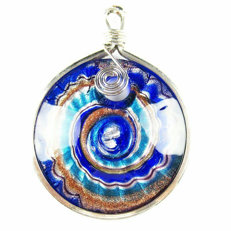 60x47x9mm Wrapped Rainbow Inlaid Lampwork Gslass Round Pendant 30g A-413DP