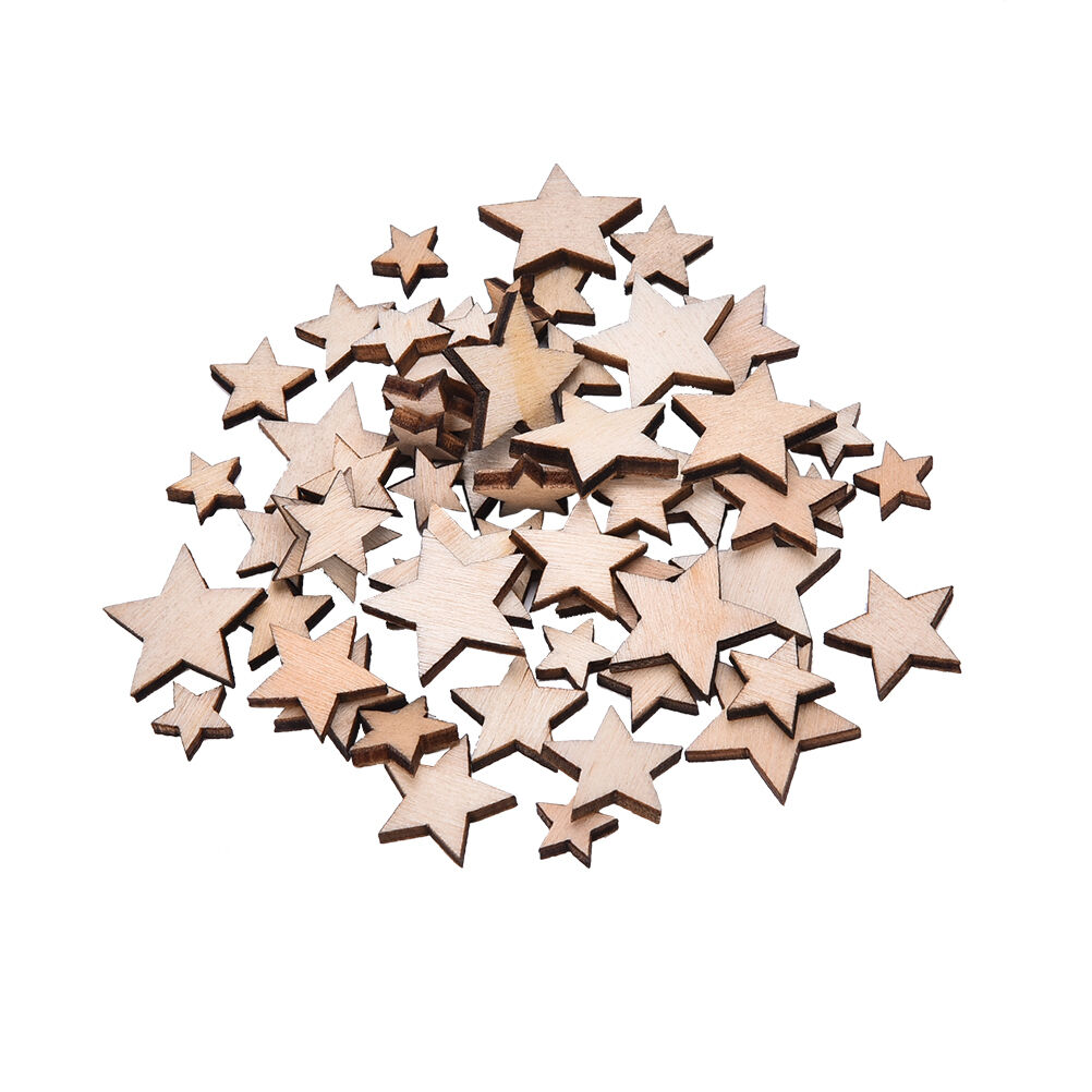 100Pcs Assorted Size Natural Wood Star Plain Shabby Chic Craft Scrapboo.l8