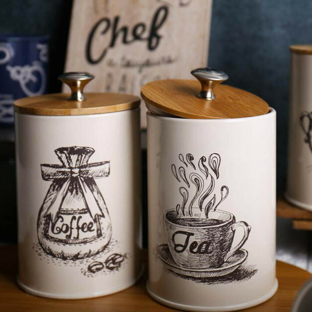 3-pack Retro Tea Coffee Sugar Canister Kitchen Storage Jar Pot Tins w/ Lids