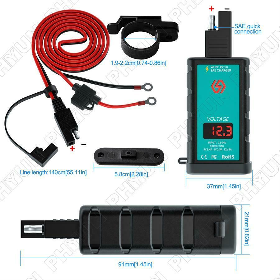 Motorcycle Moped USB + Type-C Fast Charger w/ Voltmeter Power Switch SAE Socket