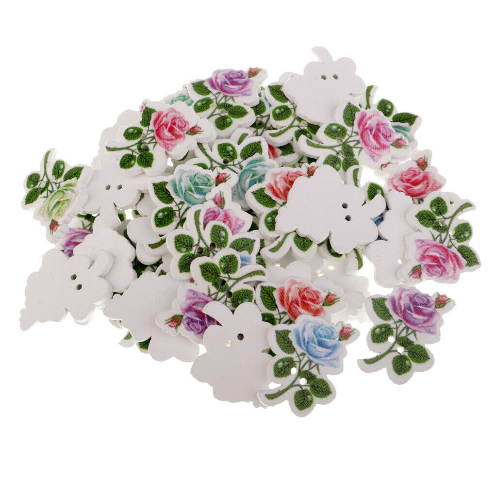 50pcs Rose Flower Shape 2 Holes Wooden Button for Scrapbooking Decoration