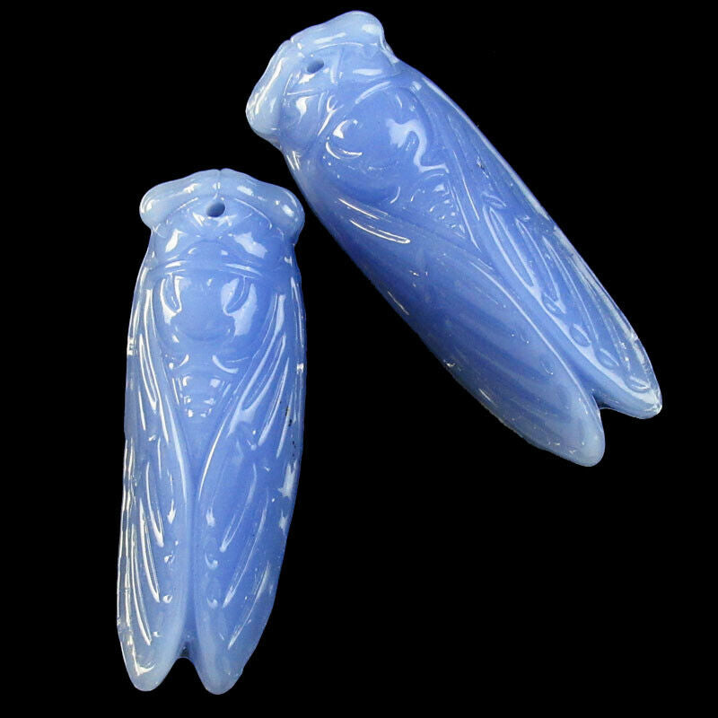2Pcs 53x18x14mm Carved Blue Jade Cicada Pendant Bead A-11JY