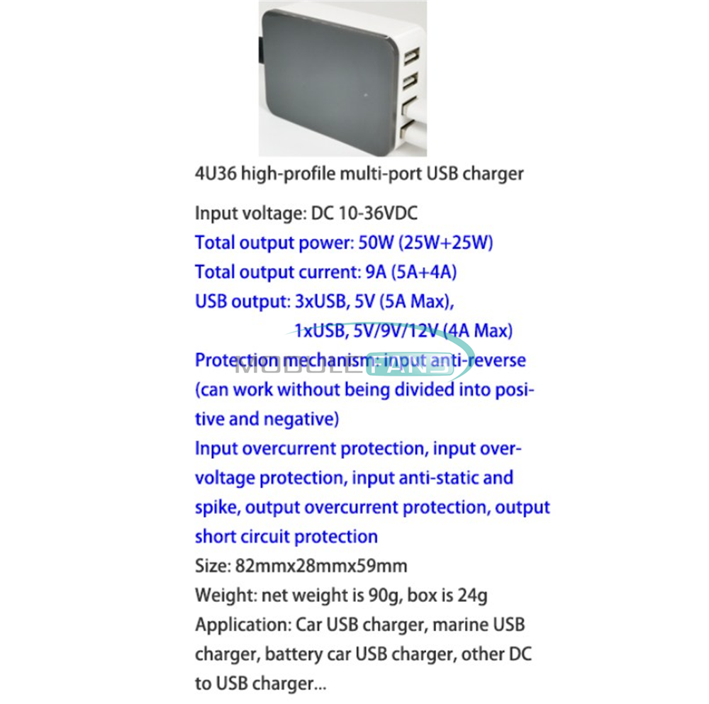 w/ Quick Charge QC2.0, QC3.0 Car Ship 4-port USB Charger DC10-36V to 12V/9V/12V