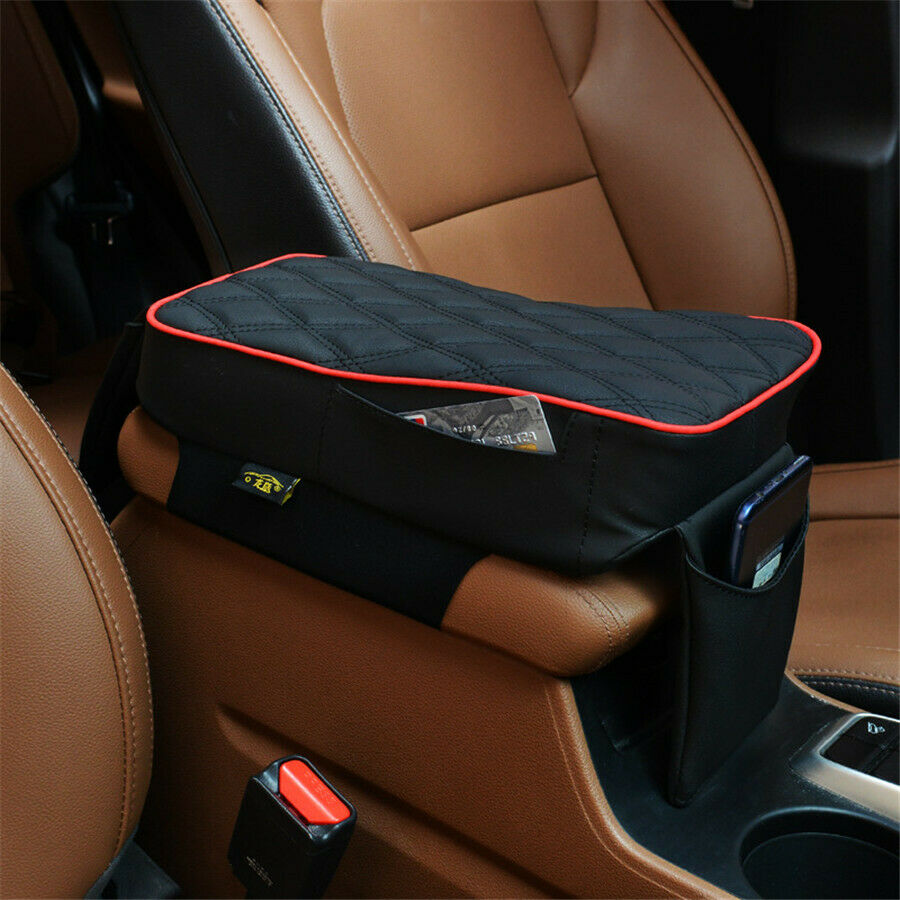 Car Armrest Cushion Box Mat Armrest Console With Phone Holder Storage Bag Black