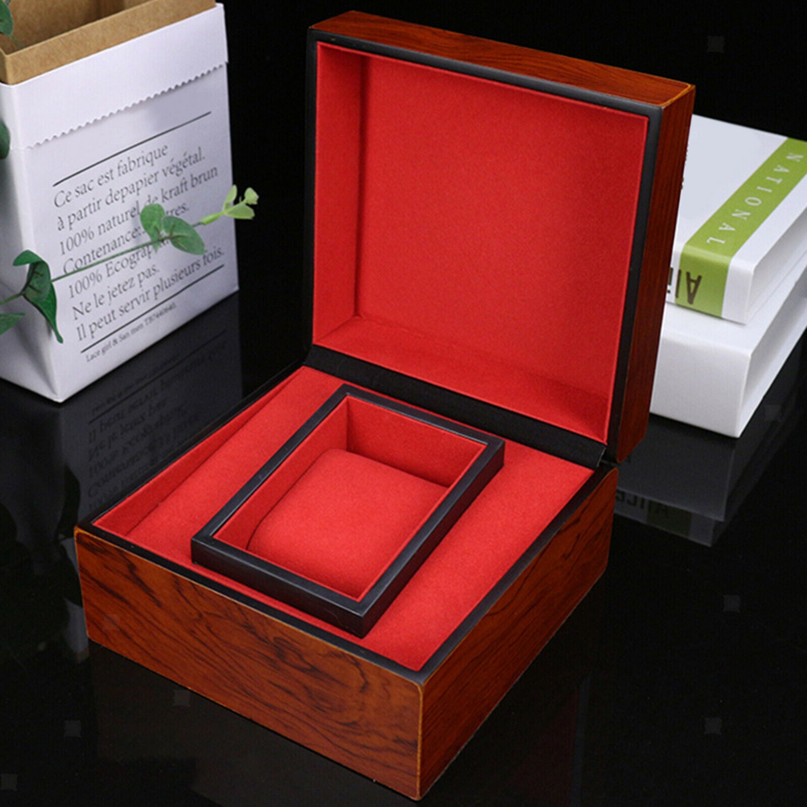 Luxury Wooden Watch Storage Case Red Pillow Showcase Wristwatch Display Case