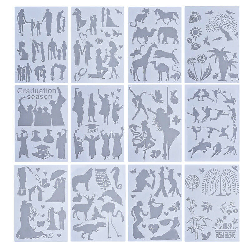12X A4 Mix Style Painting Scrapbook Stencils DIY Wall Arts Embossing Decorat XC