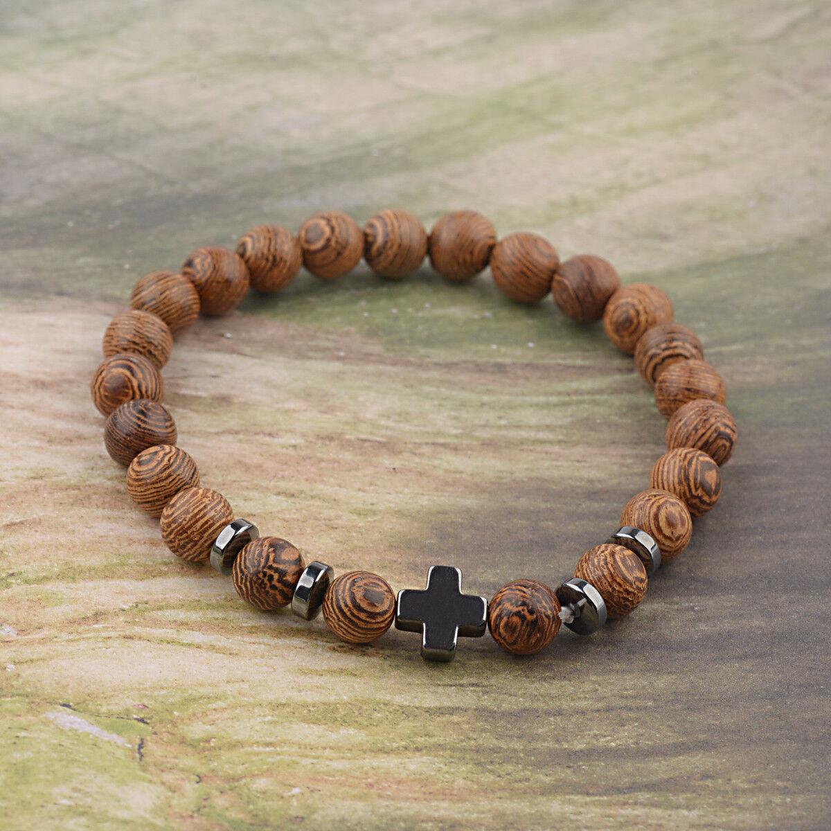 Hot Hematite Cross Wooden Bracelets Stretchy Bracelet Beads Wooden For Men Women
