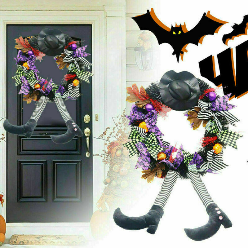 Halloween Wreath With Hat Legs Front Door Hanging Pumpkin Wreath For Home Decor