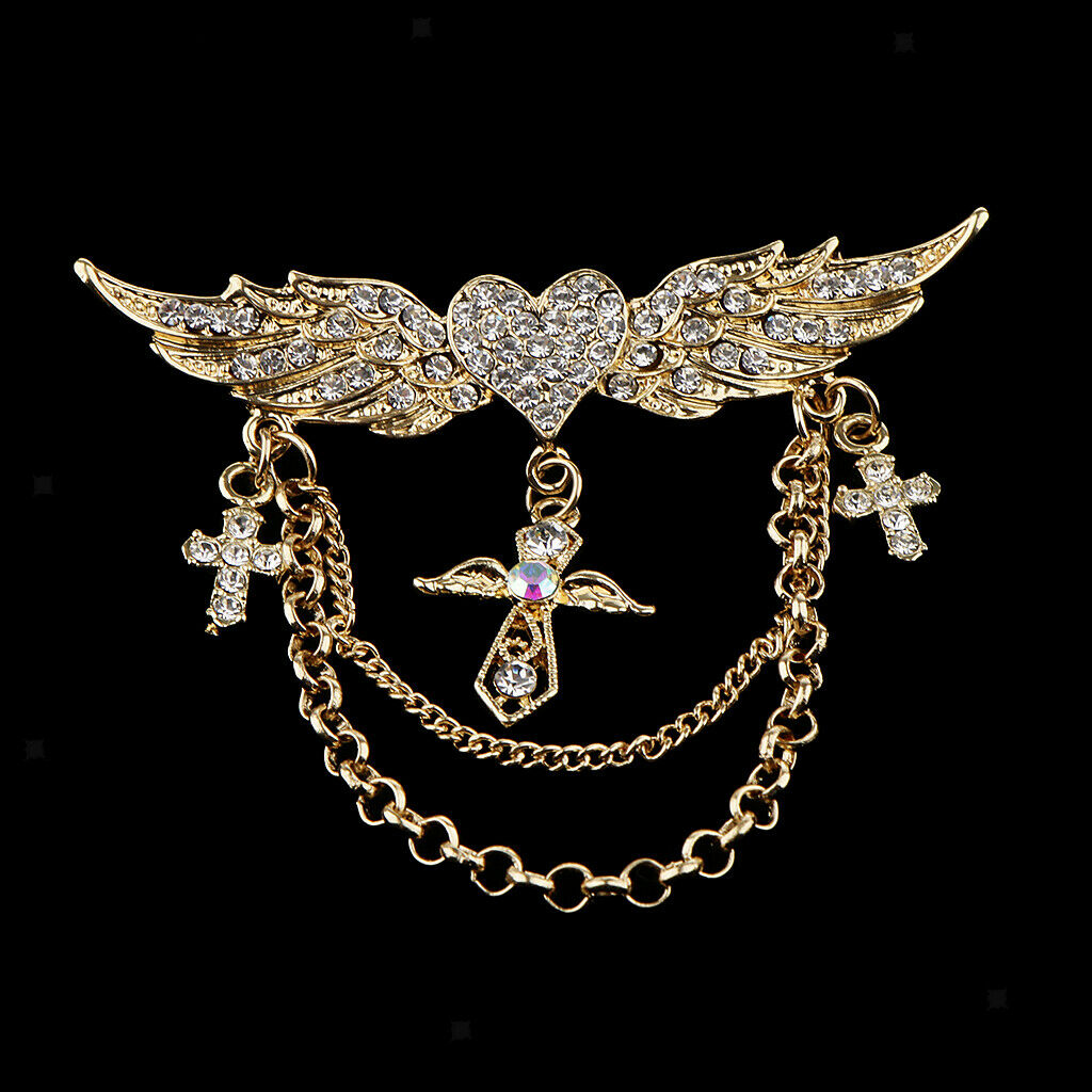 2 Pieces Rhinestone Flying Wings Heart Cross Chain Tassel Pin Collar Brooch