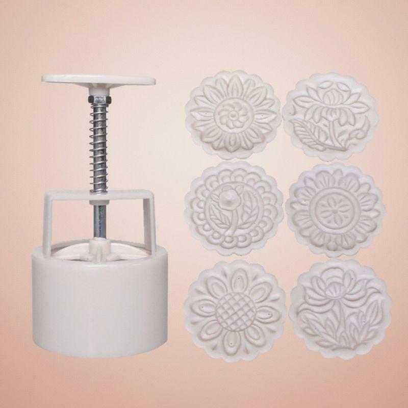 DIY 150g Mooncake Barrel Mold  6pcs Flower Stamps Hand Press Moon Cake Pastry