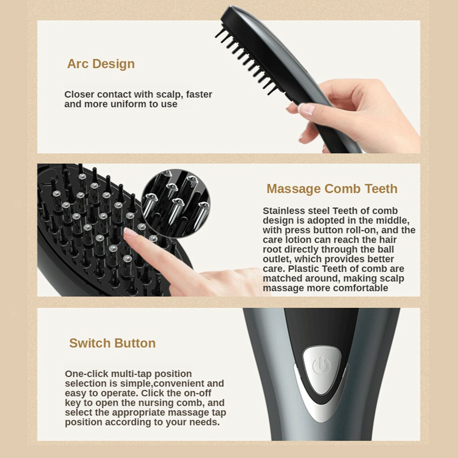 Electric Massage Comb Anti-Static 3 Speeds Rechargeable Hair Brush Scalp