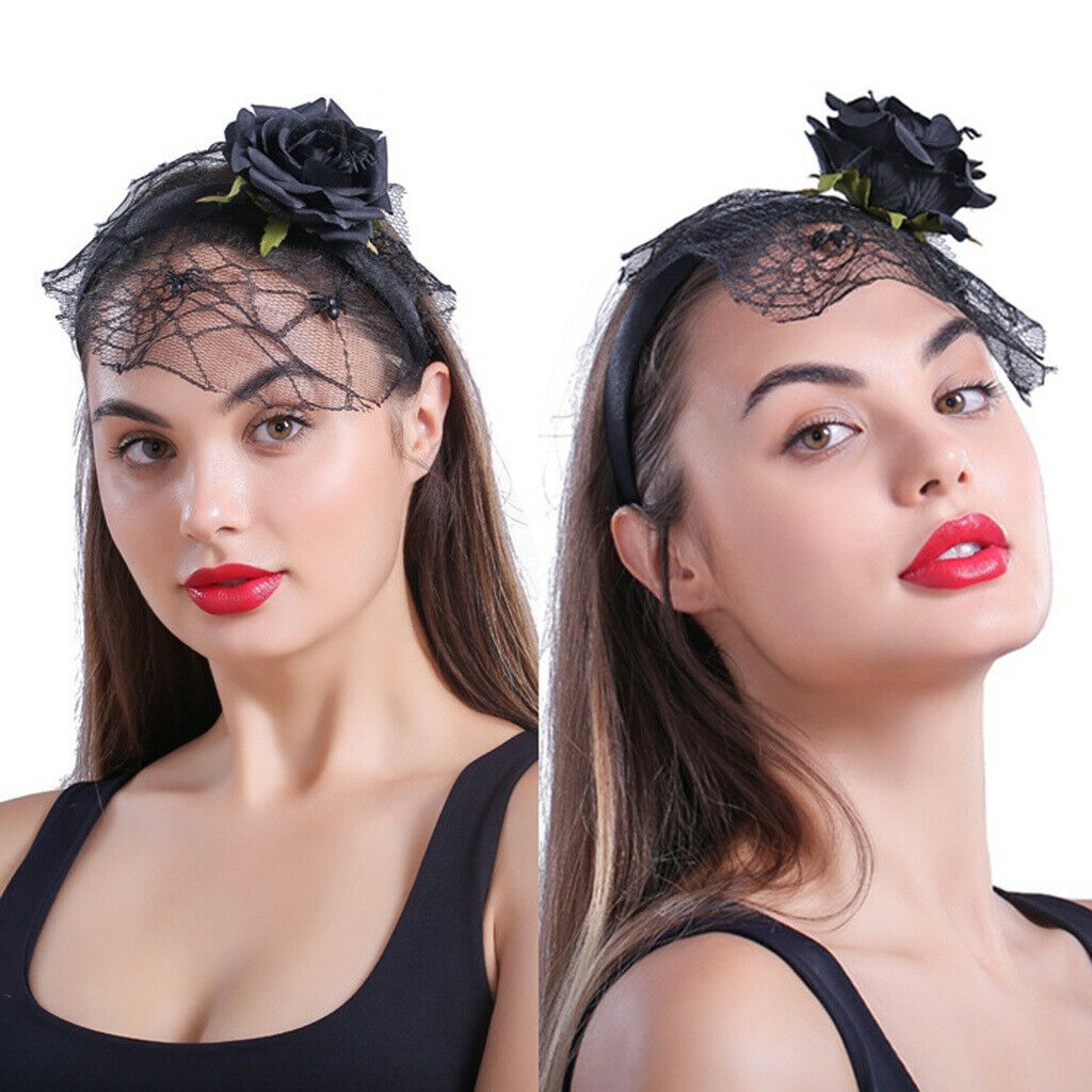 Black Flower Headband Veil Spider Headpiece Hair Band Masquerade Fancy Dress