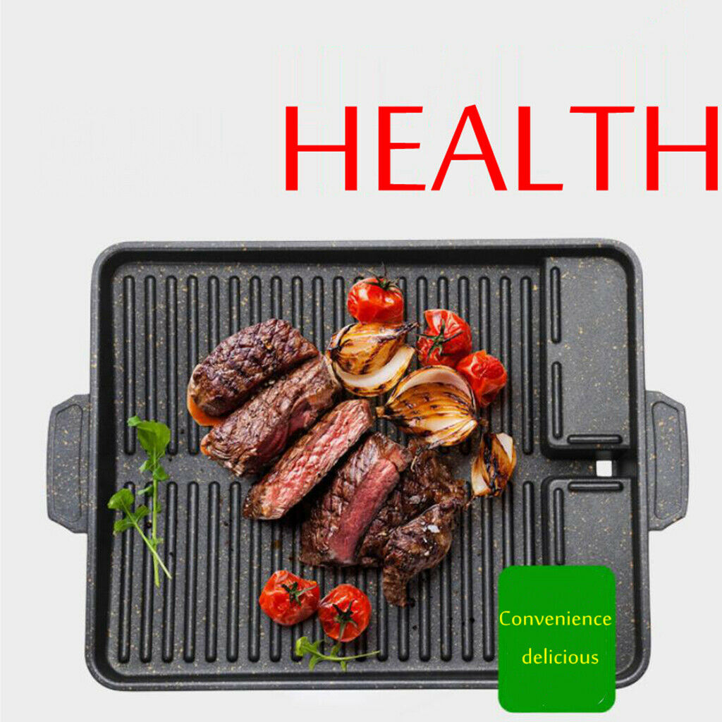 Aluminum BBQ Grill Pan Griddle Plate Non-Stick w/ Handle Square Korean Black