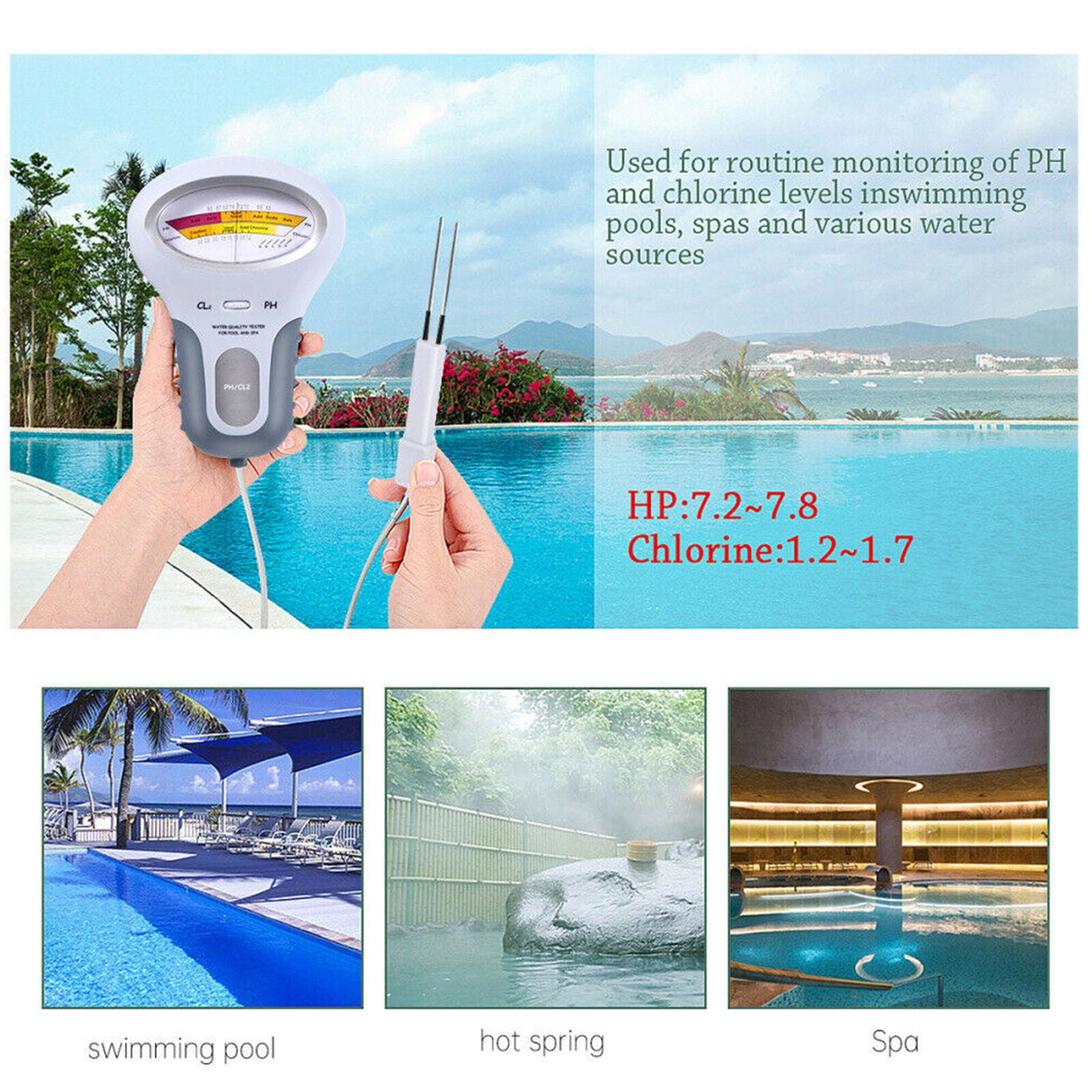 Water Quality PH&CL2 Chlorine Tester Level Meter For Swimming Pool Spa Hot Tub
