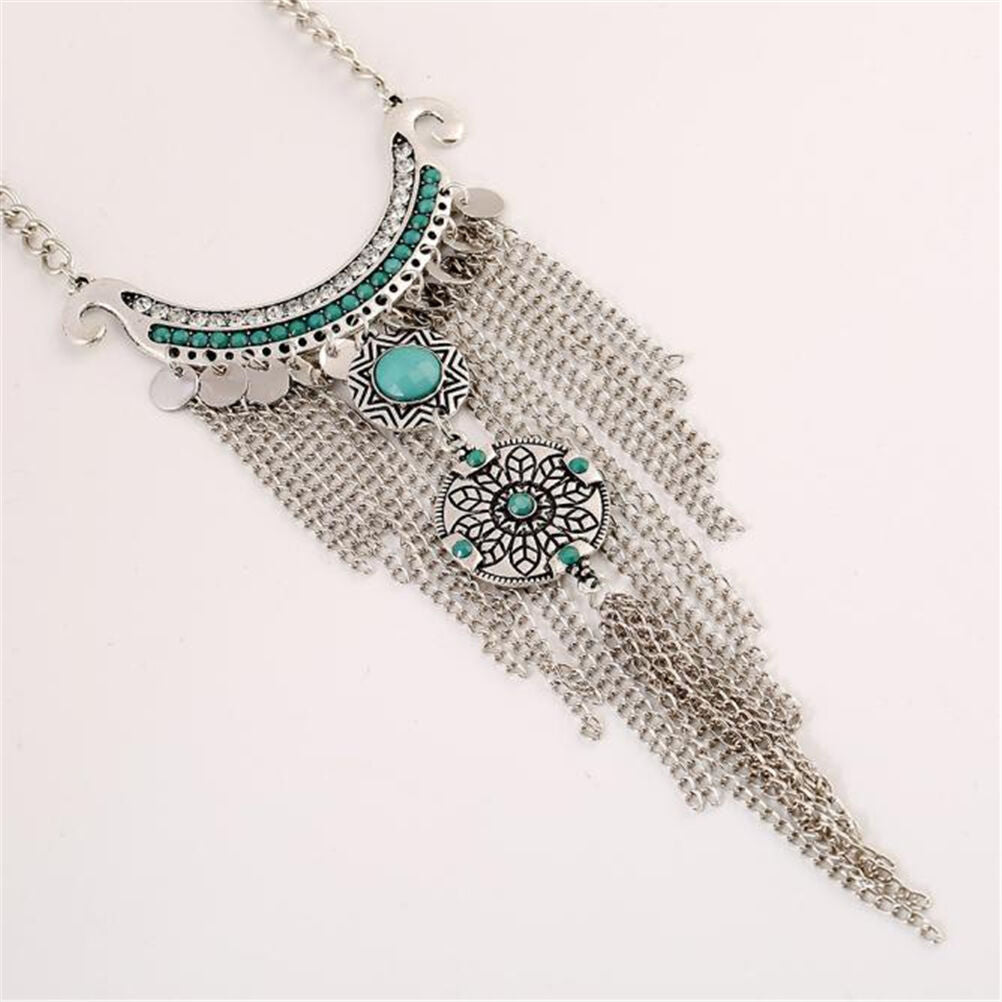 Retro Bohemian Gypsy Style Turquoise Tassel  Chain Choker Pendant Necklace B Tt