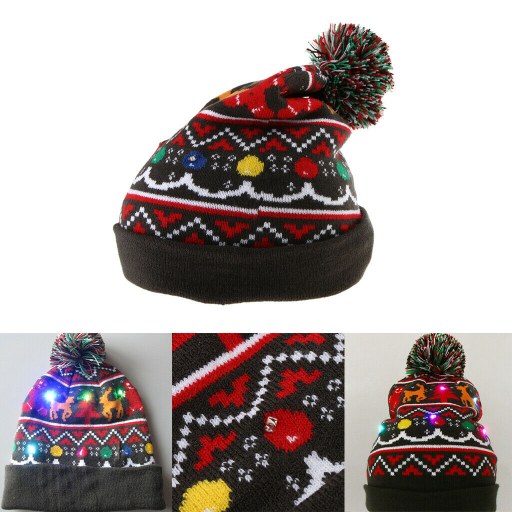 Light up Knitted Ugly Sweater Holiday Christmas Beanie gray elk