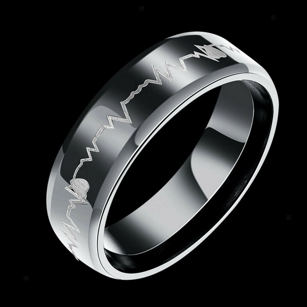 Stainless Steel Heartbeat Comfort Fit Ring Wedding Band Engraved Love US 9