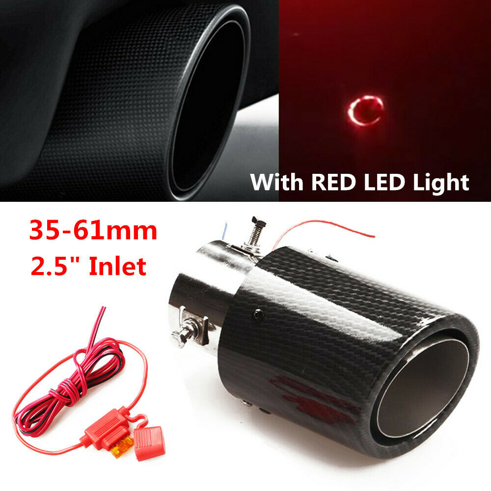 35-61mm Inlet Carbon Fiber Look Car SUV Exhaust Muffler Pipe Tip w/RED LED Light