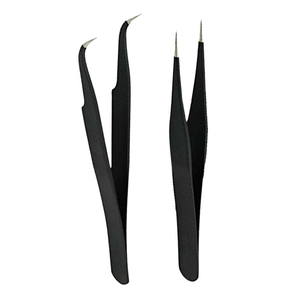 2 Pieces Straight and Curved Tip Tweezers Nipper for Eyelash Extensions